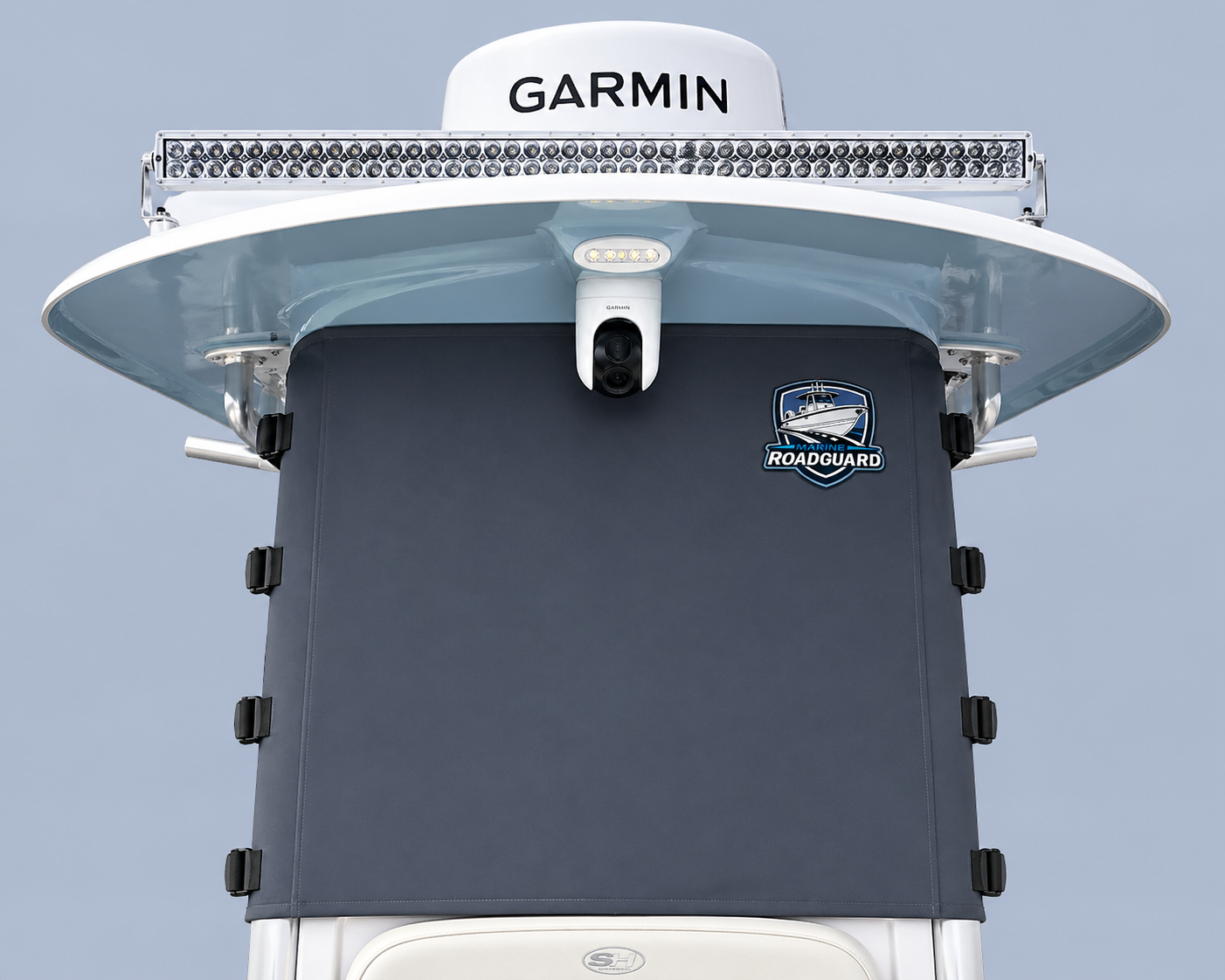 Front view of Marine RoadGuard mounted on a center console windshield